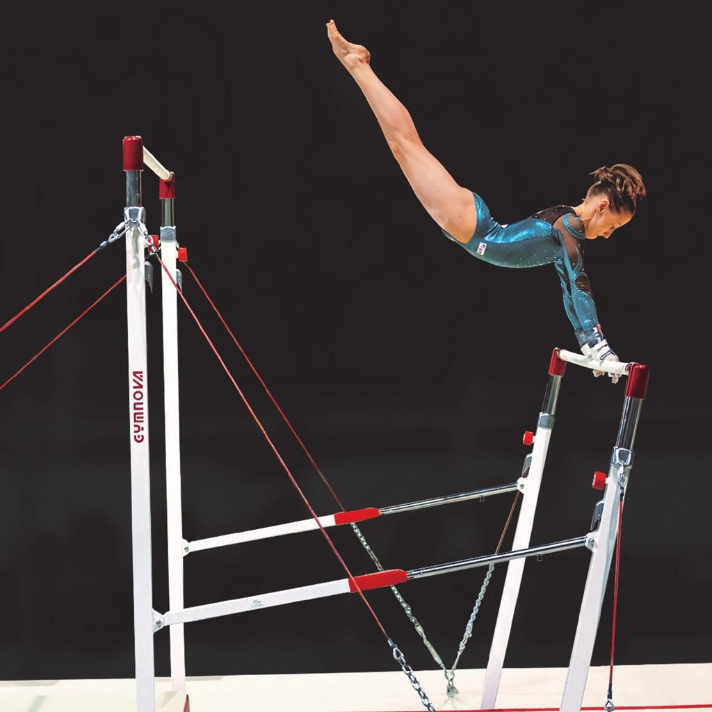 Gymnova FIG Rio asymmetric bars with short cable system, natural fibre hand-rail
